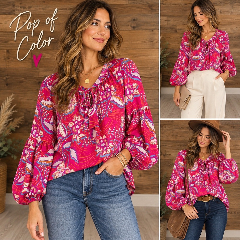 Black Rainn Floral Balloon Sleeve Tie Neck Blouse Size M Pink Boho Statement